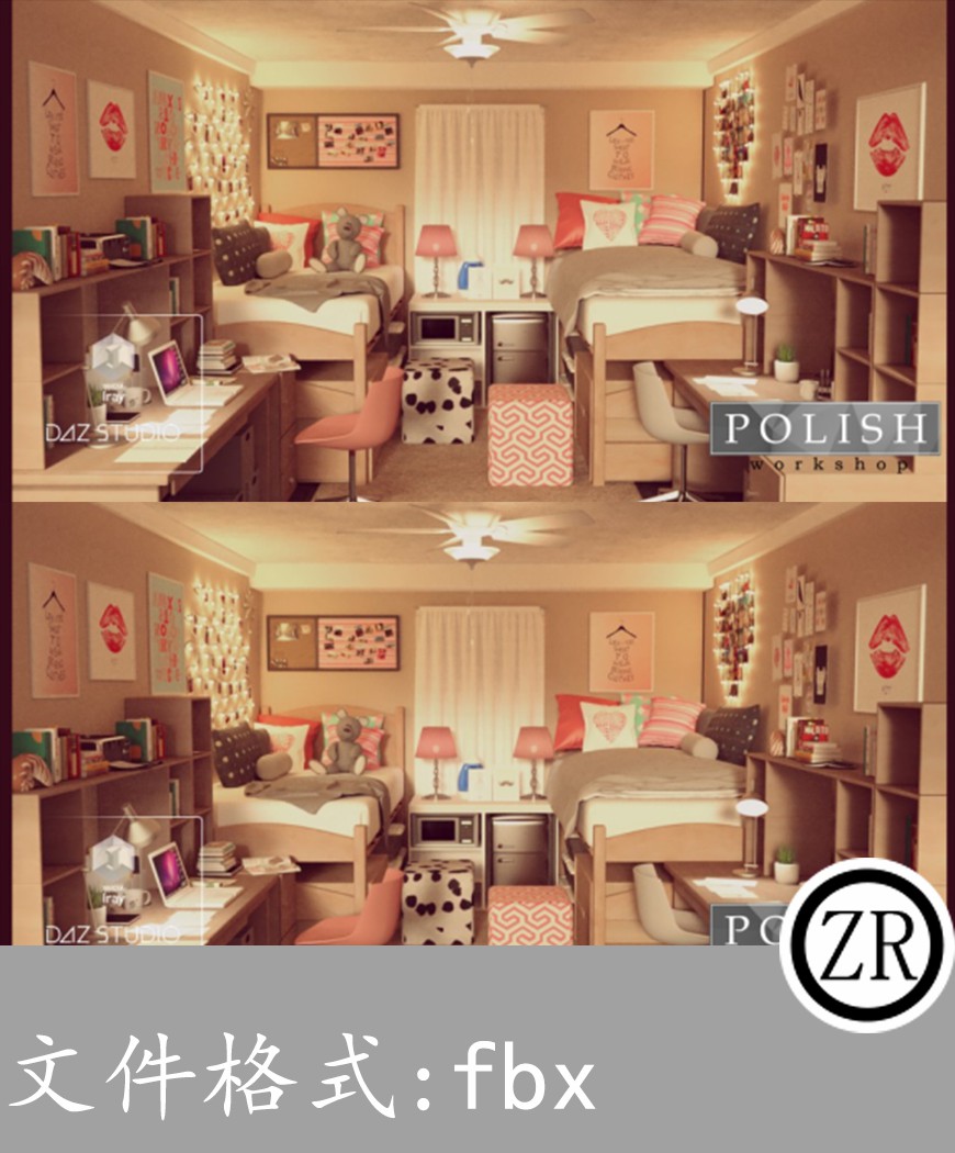 温馨卧室床书桌床头柜有贴图-场景53