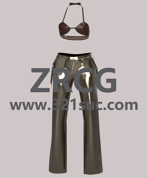 MD服装CLO素材--经典金色长裤配皮革文胸