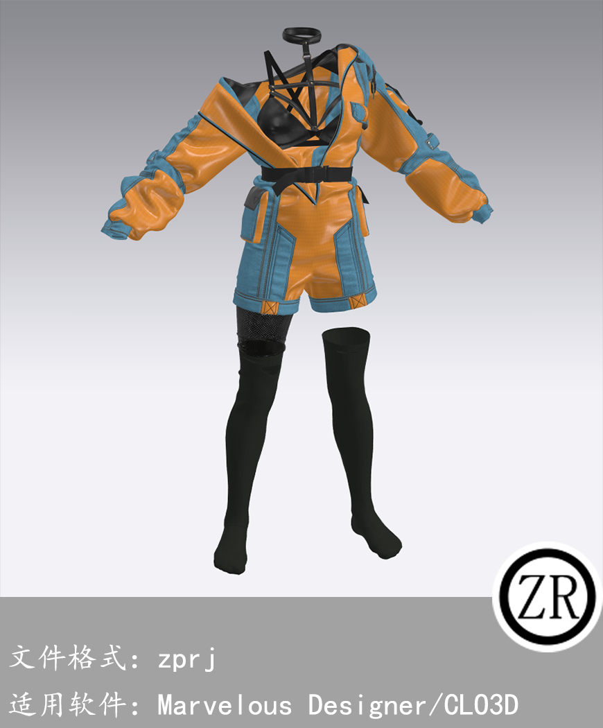 CLO3D/Marvelous Designer 朋克外套短裤袜服装 M173