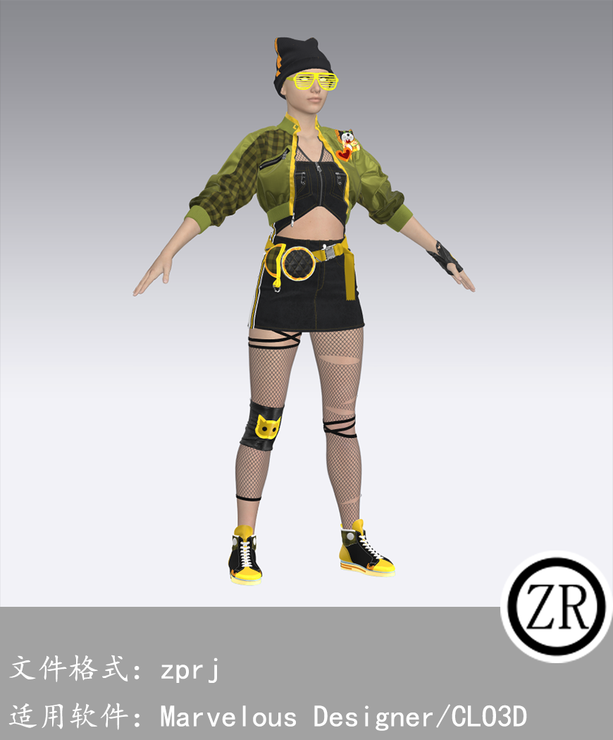 CLO3D/Marvelous Designer 朋克外套丝袜裤子服装 M175
