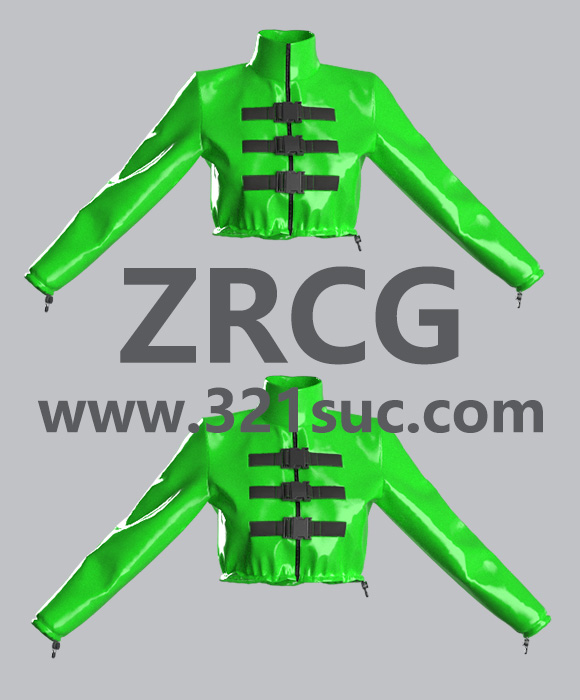 MD服装CLO素材--女性荧光短款带扣长袖夹克外套