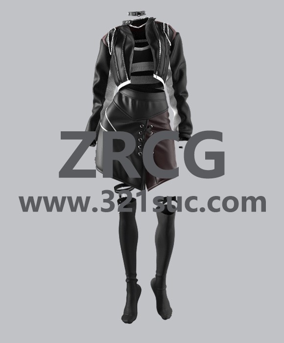 MD服装CLO素材--女性赛博朋克酷酷外套皮革半身裙胸衣袜子