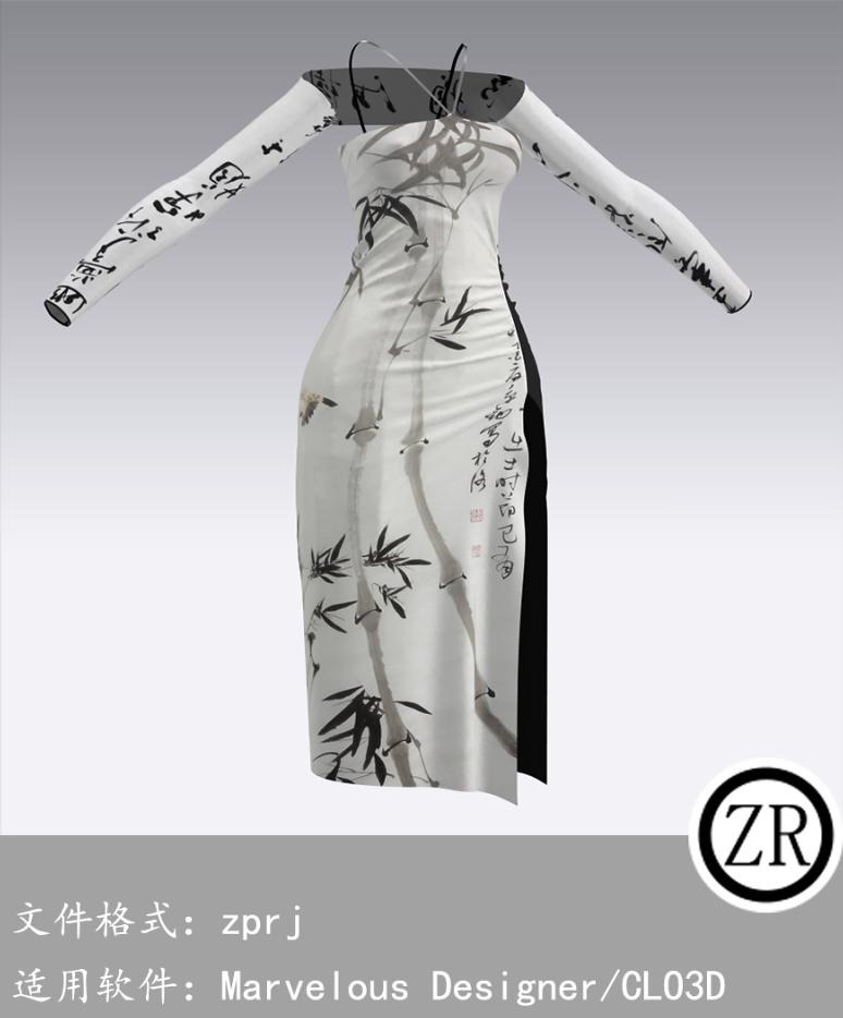 CLO3D/Marvelous Designer 古装水墨画旗袍 M347