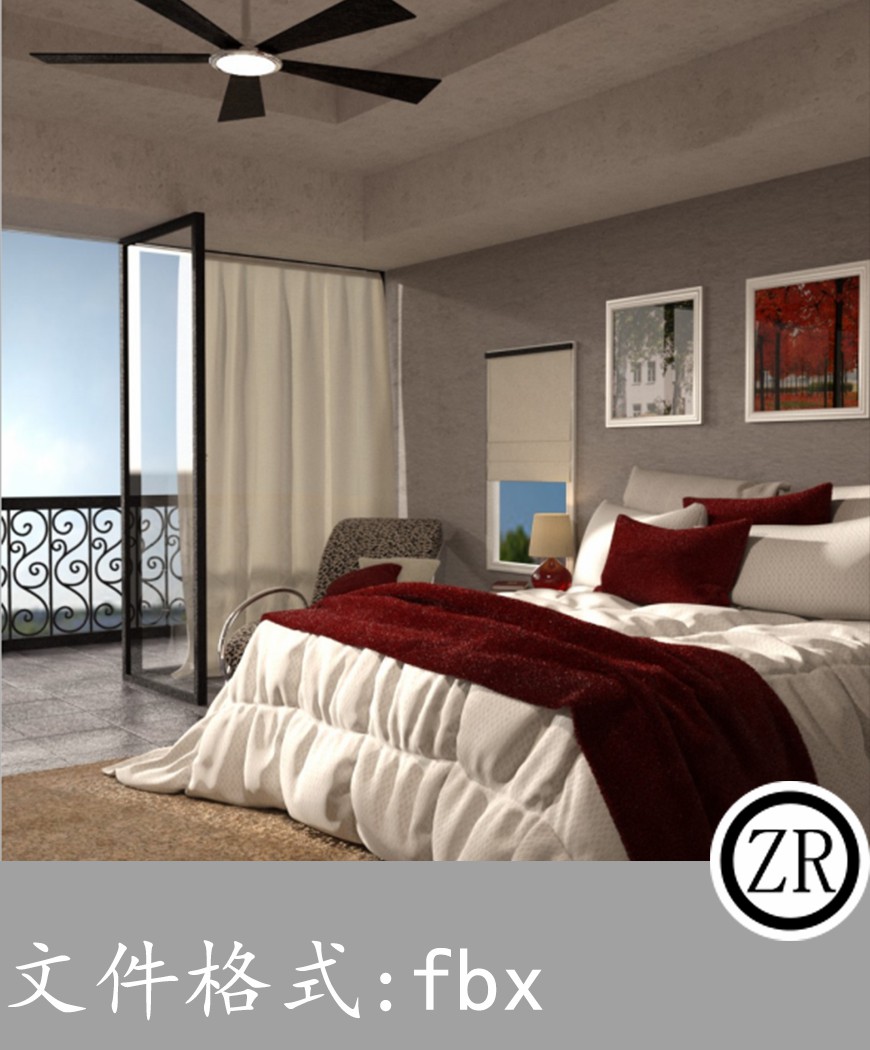 现代卧室床铺有贴图-场景39