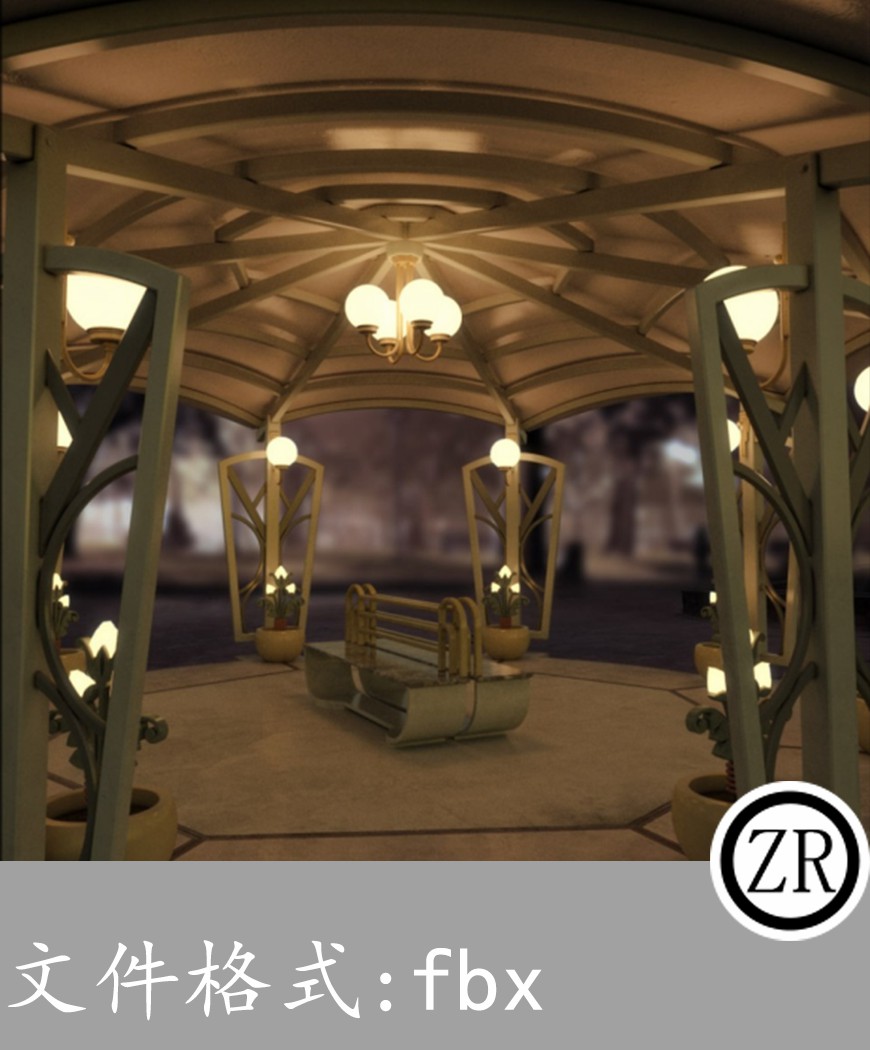 灯光凉亭盆栽有贴图-场景77