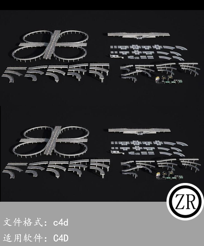 高架桥高速公路立交桥交通设备建筑包模型Kitbash3D-Props：Highways