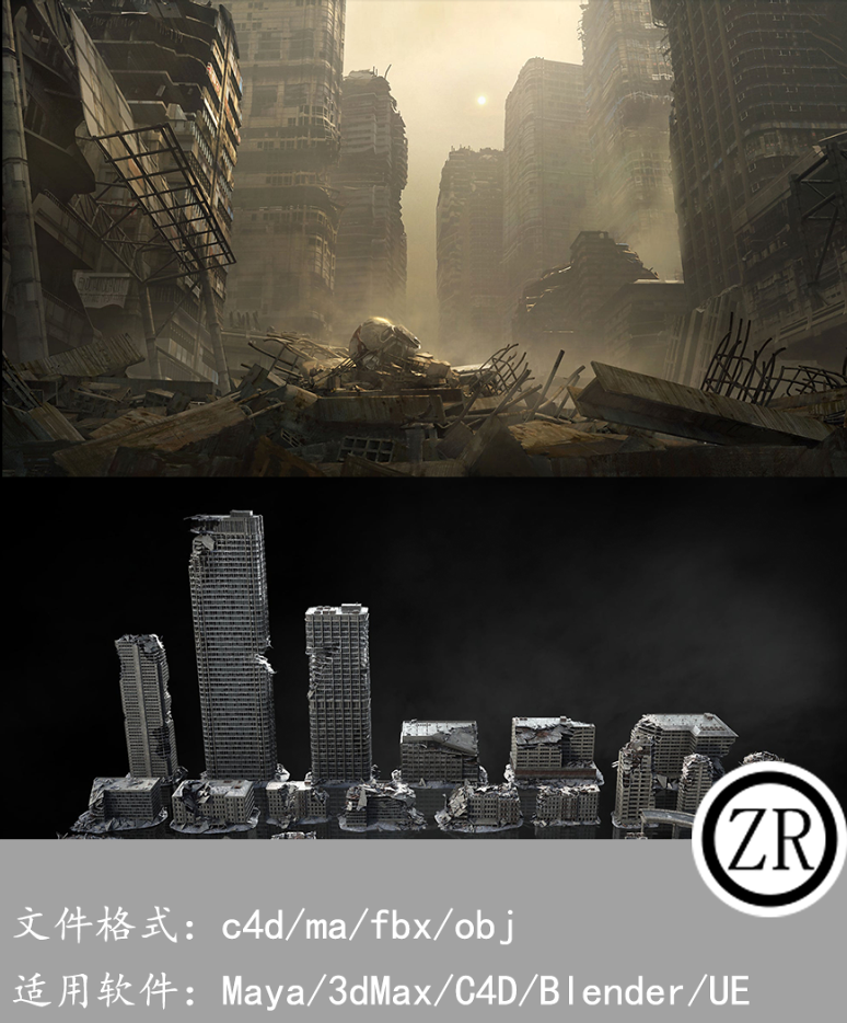 城市都市战区废墟建筑3D模型KitBash3D-Warzone