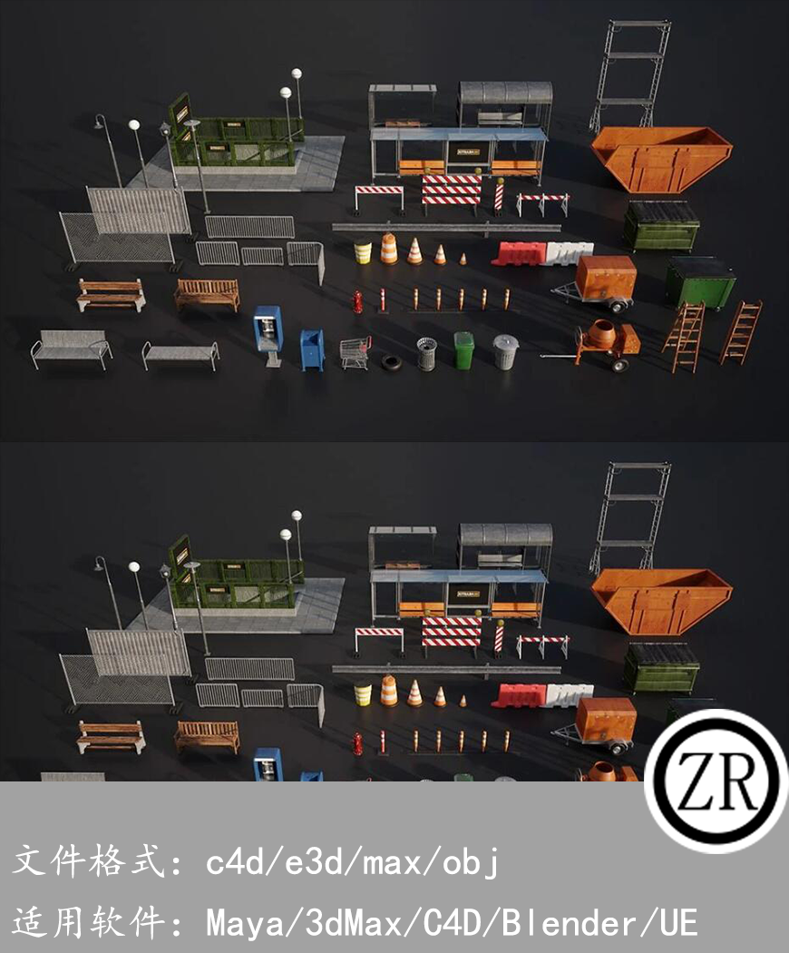 城市交通道路警示路灯等3D模型 Kitbash3d PROPS StreetSide