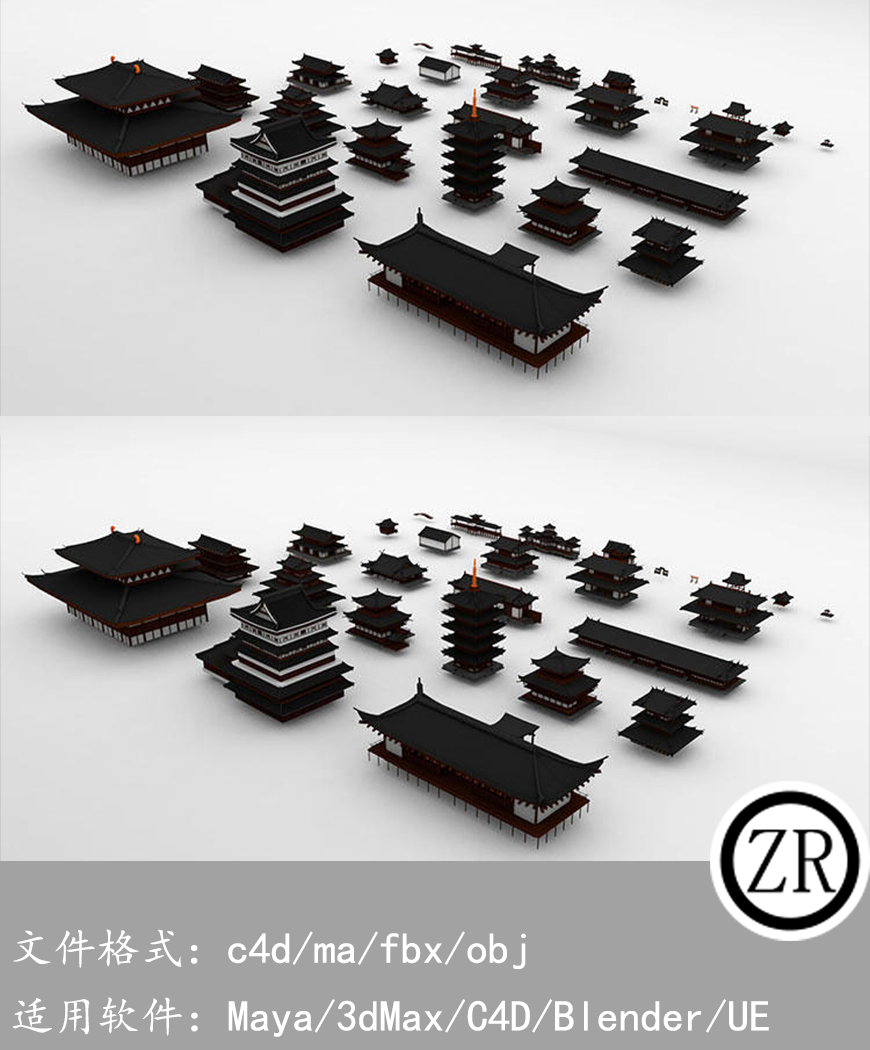 幕府时代日本宝塔寺庙等东方哲学建筑3D模型 Kitbash3D – Edo Japan