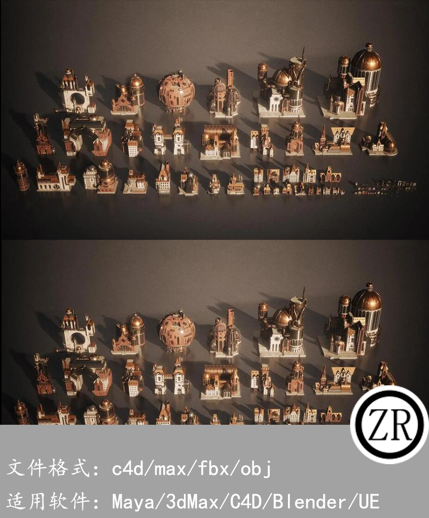 蒸汽朋克复古建筑城堡城市建筑3D模型Kitbash3d - Steampunk