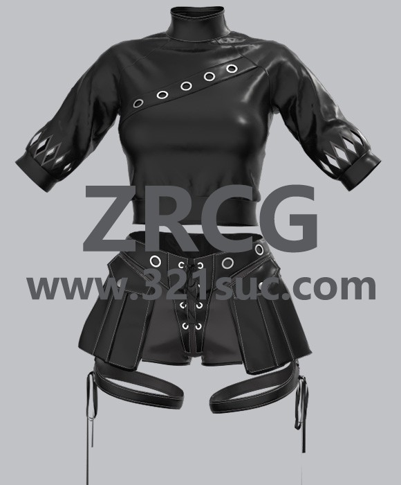 MD服装CLO素材--女性朋克皮衣短裤套装