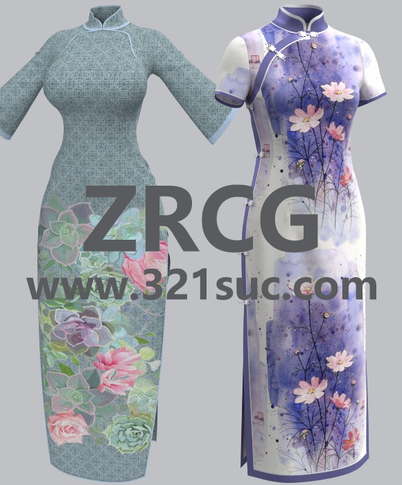 MD服装CLO素材--16款女性旗袍连衣裙古风花纹双襟旗袍