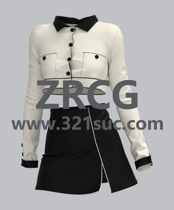 MD服装CLO素材--2款白色夹克黑色开叉短裙格子迷你裙