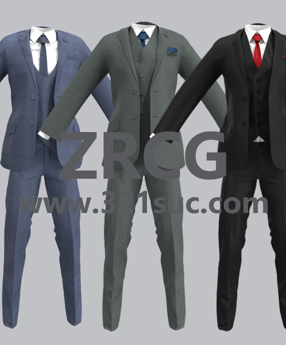 MD服装CLO素材--3款男士西服套装外套衬衫领带职业装