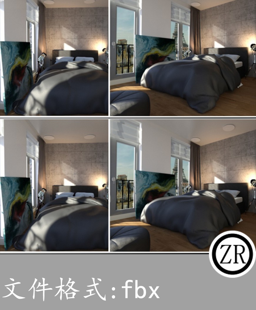 室内床画框有贴图-场景8