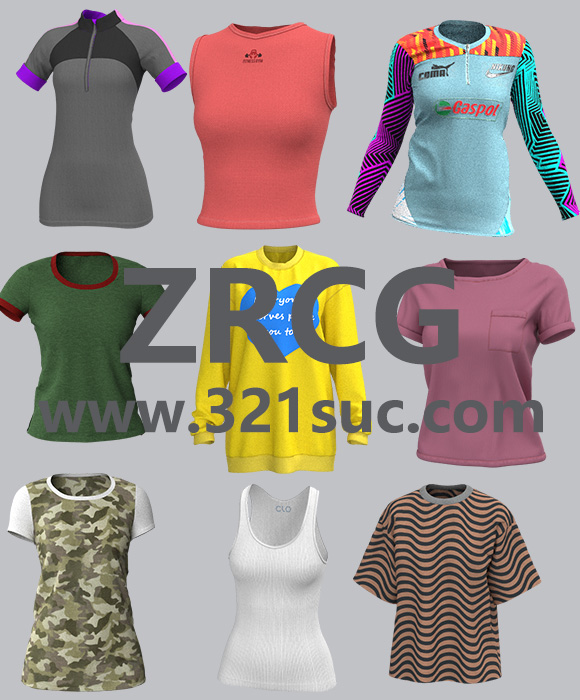 MD服装CLO素材--14款女性运动上衣T恤短袖长袖迷彩圆领t恤